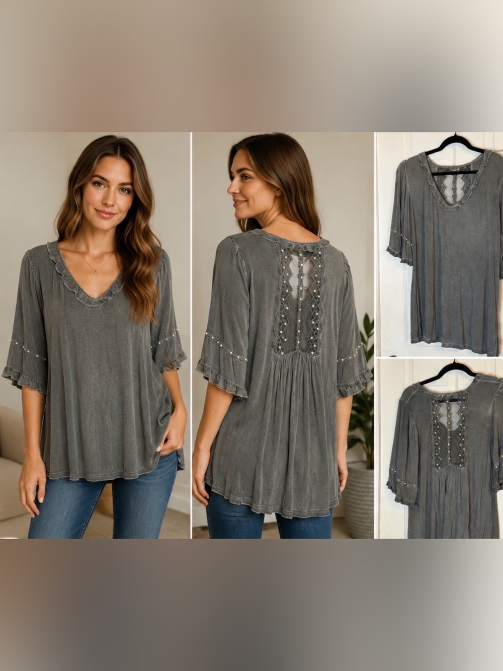 POL Teal Tunic Top with Pearl and Lace Details - Picture 1 of 4
